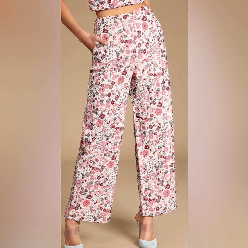 Bloom into Spring Blush Floral Jacquard Wide-Leg Pants